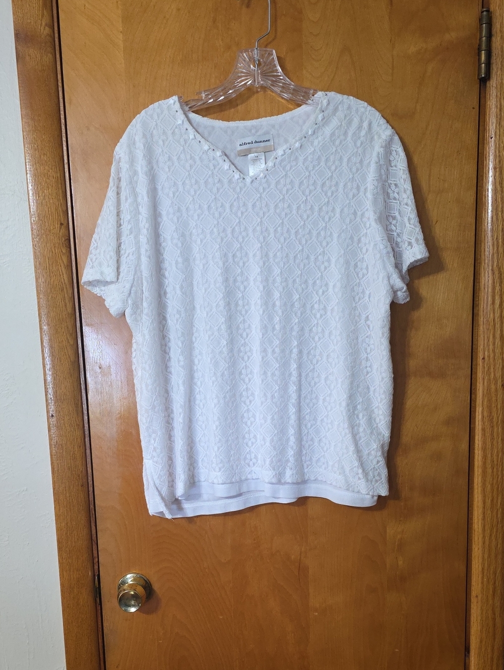 Alfred Dunner White Embellished Lace-Texture Blouse